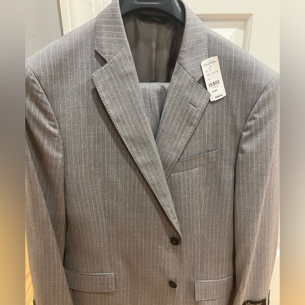 Brooks Brothers Grey Pinstripes Suit Brand New 44R, slacks 38.  Unhemmed pants